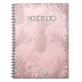 Caderno Espiral Rosa Dourado Brilho Ananás Tropical Chic