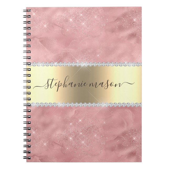 Caderno Espiral Rosa Dourado Brilho Diamante Dourado Moderno (Frente)