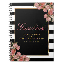 Caderno Espiral Rosa Dourado com faixas brancas e pretas - Guestbo