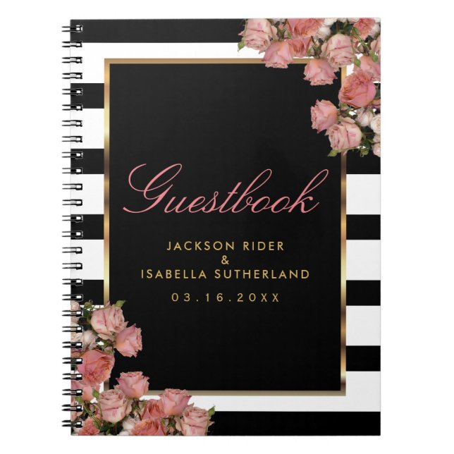 Caderno Espiral Rosa Dourado com faixas brancas e pretas - Guestbo (Frente)