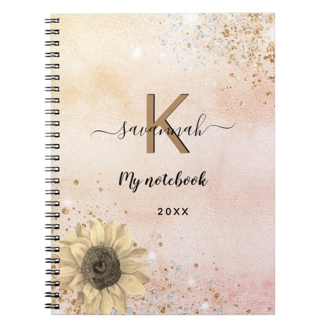 Caderno Espiral Rosa dourado dourado dourado monograma de girassol (Frente)