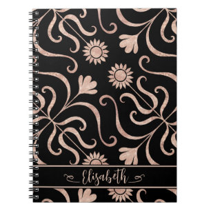 Caderno Espiral Rosa Dourado e preto Damasco para Flores Clássico