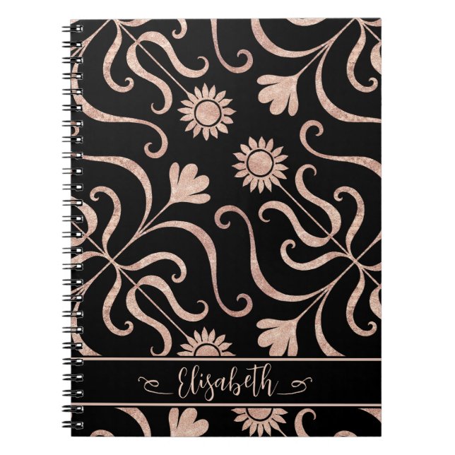 Caderno Espiral Rosa Dourado e preto Damasco para Flores Clássico  (Frente)