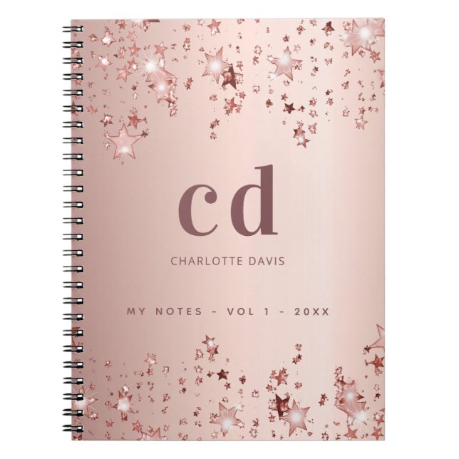 Caderno Espiral Rosa dourado estrelas com escamas monográficas (Frente)