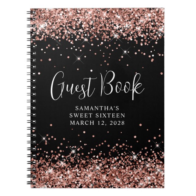 Caderno Espiral Rosa Dourado Glitter Black Sweet 16 Aniversário co (Frente)