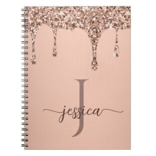 Caderno Espiral Rosa Dourado & Glitter Drip Monograma Espiral Taup