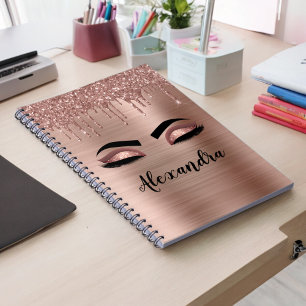 Caderno Espiral Rosa Dourado Glitter Sparkle Eyelashes Nome do Mon