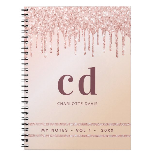 Caderno Espiral Rosa dourado pincel rosa pinga monograma moderno (Frente)