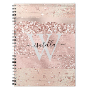 Caderno Espiral Rosa Dourado Pincel Trave Monograma de Script Glit
