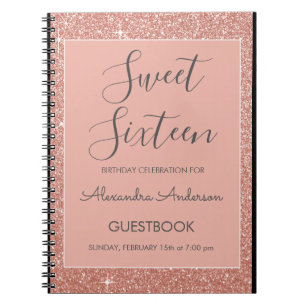 Caderno Espiral Rosa Dourado Sparkle Glitter Sweet 16 Guestbook