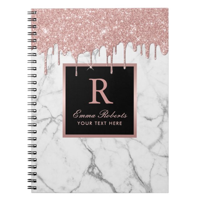 Caderno Espiral Rosa Dourado Unidade Elegante Monograma Branco (Frente)
