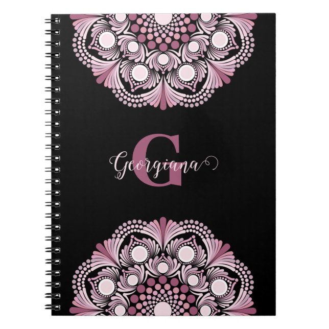 Caderno Espiral Rosa Dusky Personalizado Boho Floral Dot Mandala (Frente)
