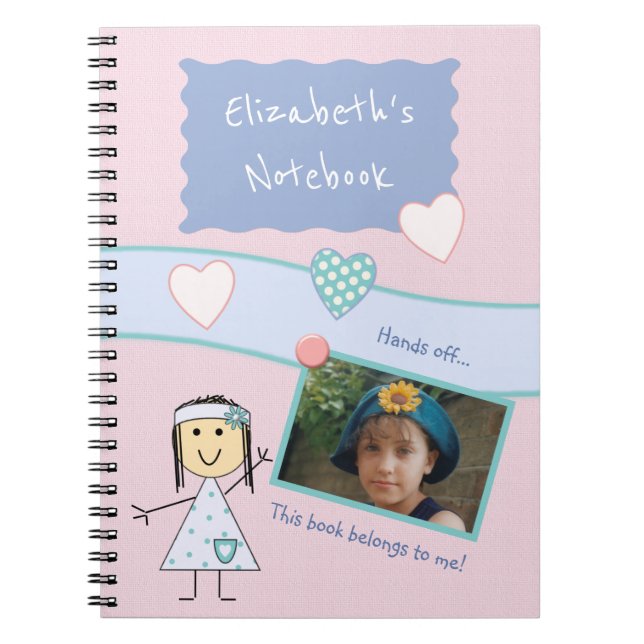 Caderno Espiral Rosa e lilás com corações um nome e foto (Frente)