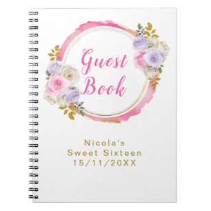 Caderno Espiral Rosa e Roxo Elegantes Flores Sweet Sixteen