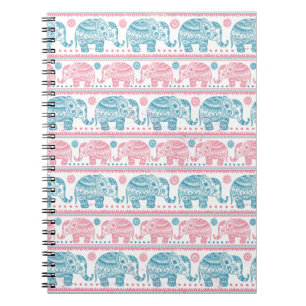 Caderno Espiral Rosa e teste padrão étnico do elefante da cerceta