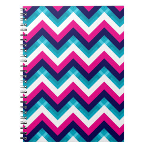 Caderno Espiral Rosa e teste padrão geométrico azul de Chevron