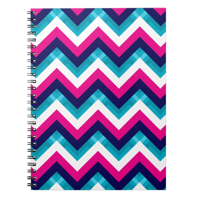 Caderno Espiral Rosa e teste padrão geométrico azul de Chevron (Frente)