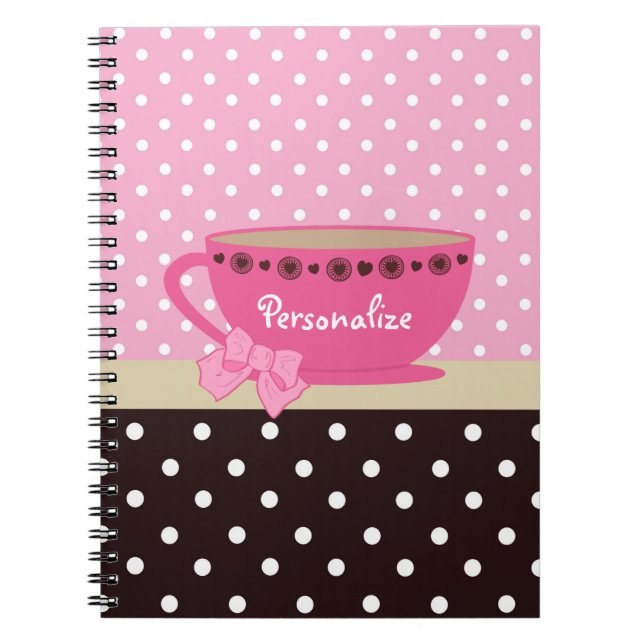 Caderno Espiral Rosa feminino do Teacup e arco e nome das bolinhas (Frente)