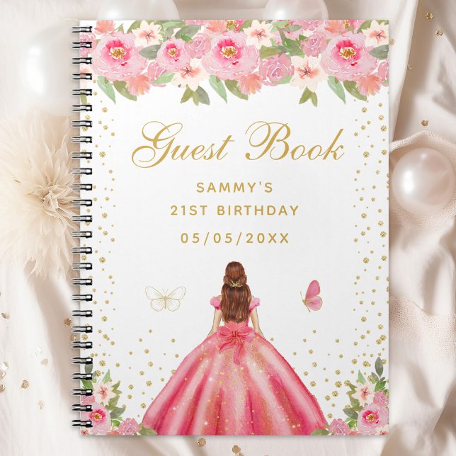 Caderno Espiral Rosa Floral Castanho Cabelo Princês Livro de Convi (Criador carregado)