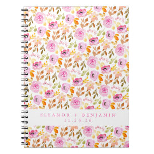 Caderno Espiral Rosa Floral de Verão Aquarela Casamento Personaliz