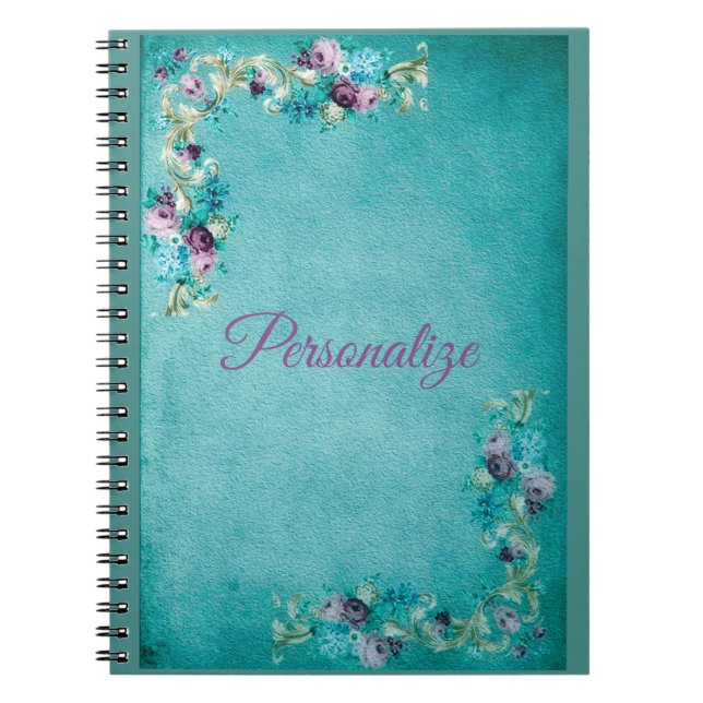 Caderno Espiral Rosa floral vitoriano flores elegantes roxas de ch (Frente)