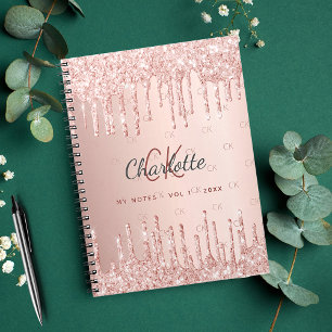 Caderno Espiral Rosa gold glitp drip monograma nome script