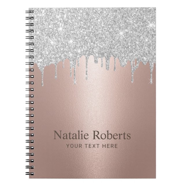 Caderno Espiral Rosa moderno Dourado Silver Glitter Coloca Salão d (Frente)