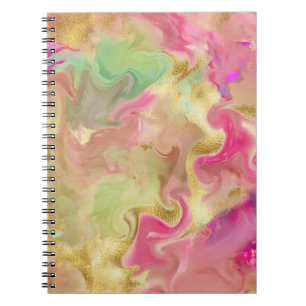 Caderno Espiral Rosa, ouro, tinta verde mármore