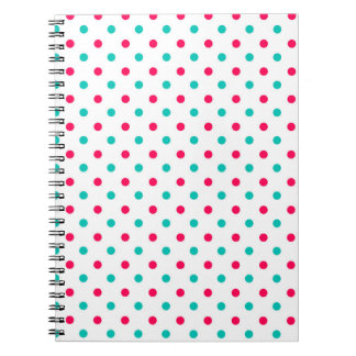 Caderno Espiral Rosa Profundo, Aqua, Polka Branca Dotada