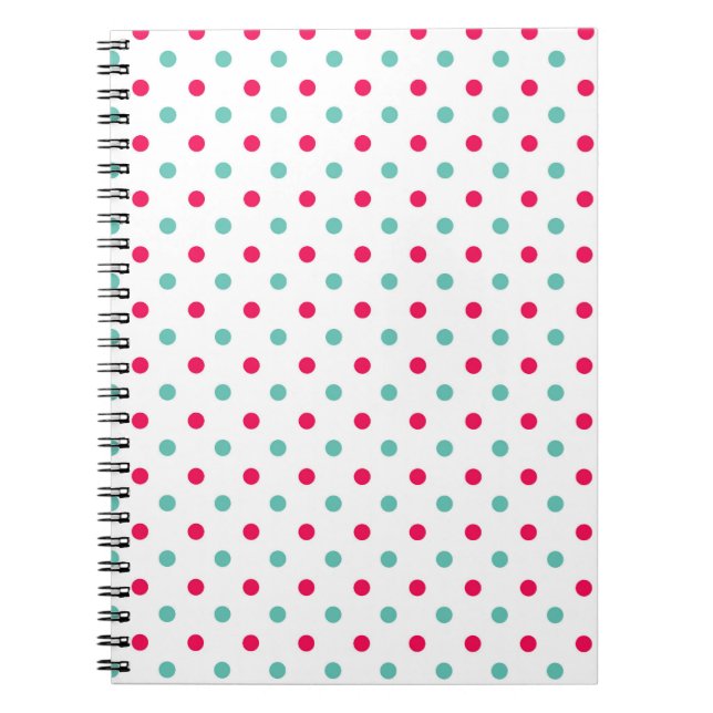 Caderno Espiral Rosa Profundo, Aqua, Polka Branca Dotada (Frente)