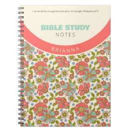 Caderno Espiral Rosa Retro & Floral Personalizado Aqua