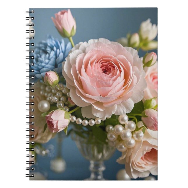 Caderno Espiral Rosa rosa delicada com pérolas no vaso (Frente)