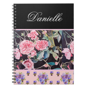 Caderno Espiral Rosa Rosa Roxa Aquarela Vintage Personalizável