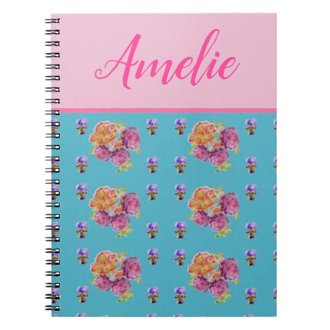 Caderno Espiral Rosa Rosa Vermelha Desbotada Charmosa Teal Aqua Fl (Frente)
