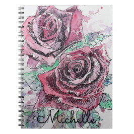 Caderno Espiral Rosa vermelha Aquarela Bela Mulher Nome