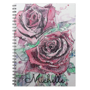 Caderno Espiral Rosa vermelha Aquarela Bela Mulher Nome