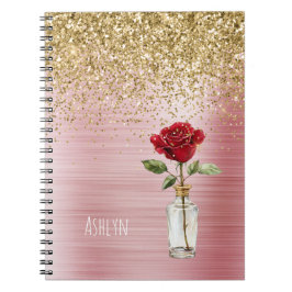Caderno Espiral Rosa Vermelha Brilho Dourado