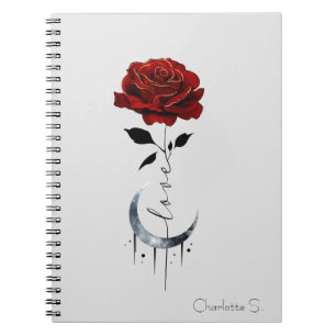 Caderno Espiral Rosa vermelha de estilo de tatuagem e lua crescent