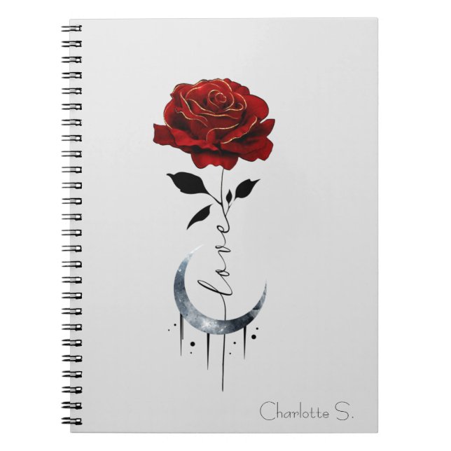 Caderno Espiral Rosa vermelha de estilo de tatuagem e lua crescent (Frente)