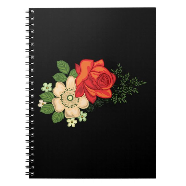Caderno Espiral Rosa vermelha e fundo preto das margaridas (Frente)
