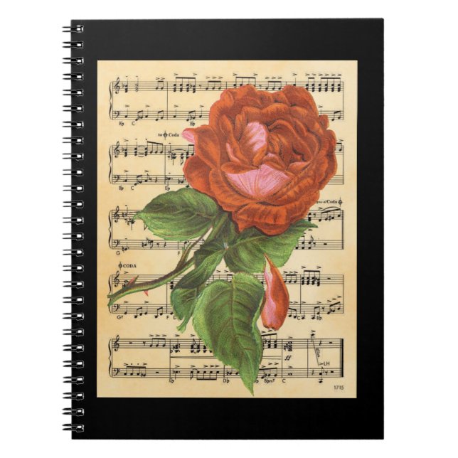 Caderno Espiral Rosa vermelha e Música Vintage (Frente)