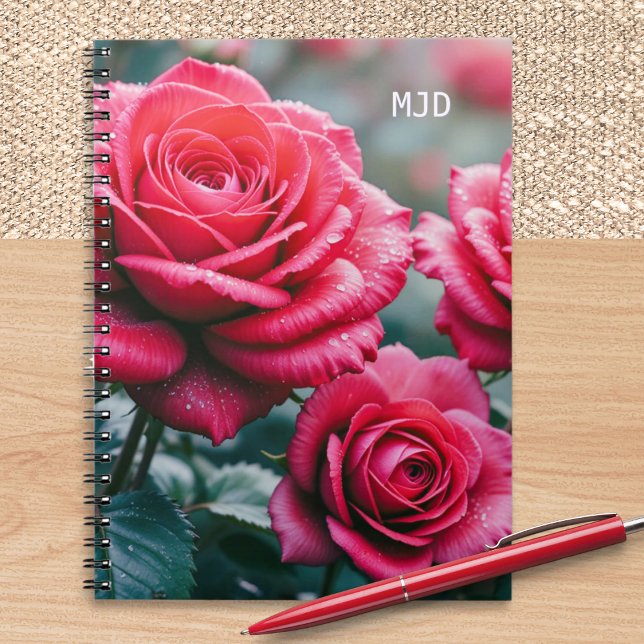 Caderno Espiral Rosa vermelha Elegante Monograma Floral Bound (A beautiful spiral-bound notebook with red roses picture on the cover and custom monogram initials)