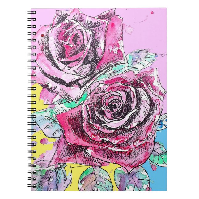 Caderno Espiral Rosa vermelha Flor Aquarela Arte Colorida (Frente)