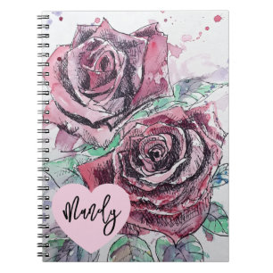 Caderno Espiral Rosa Vermelha Rosas Aquarela Flor Nome de Mulher
