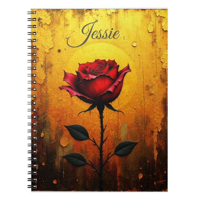 Caderno Espiral Rosa Vermelha sobre Dourado (Frente)