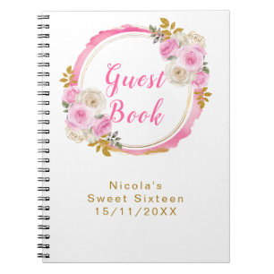 Caderno Espiral Rosa Vibrante e Dourado Elegantes Flores Sweet Six