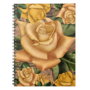 Caderno Espiral Rosas Amarelas e Chique de Madeira Rústica