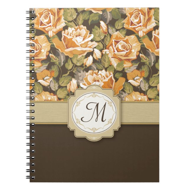 Caderno Espiral Rosas amarelos do ouro em Brown com monograma (Frente)
