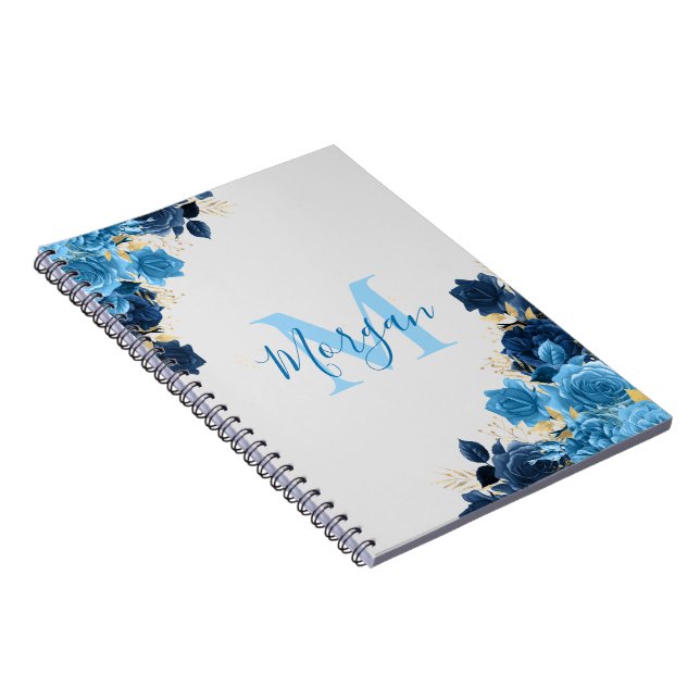 Caderno Espiral Rosas Azuis Com Script Luminter Dourado Monograma (Lado Direito)