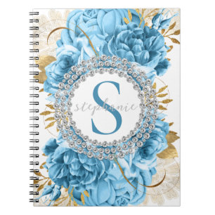 Caderno Espiral Rosas Azuis Dourados Monogramas Diamantes luxuosos